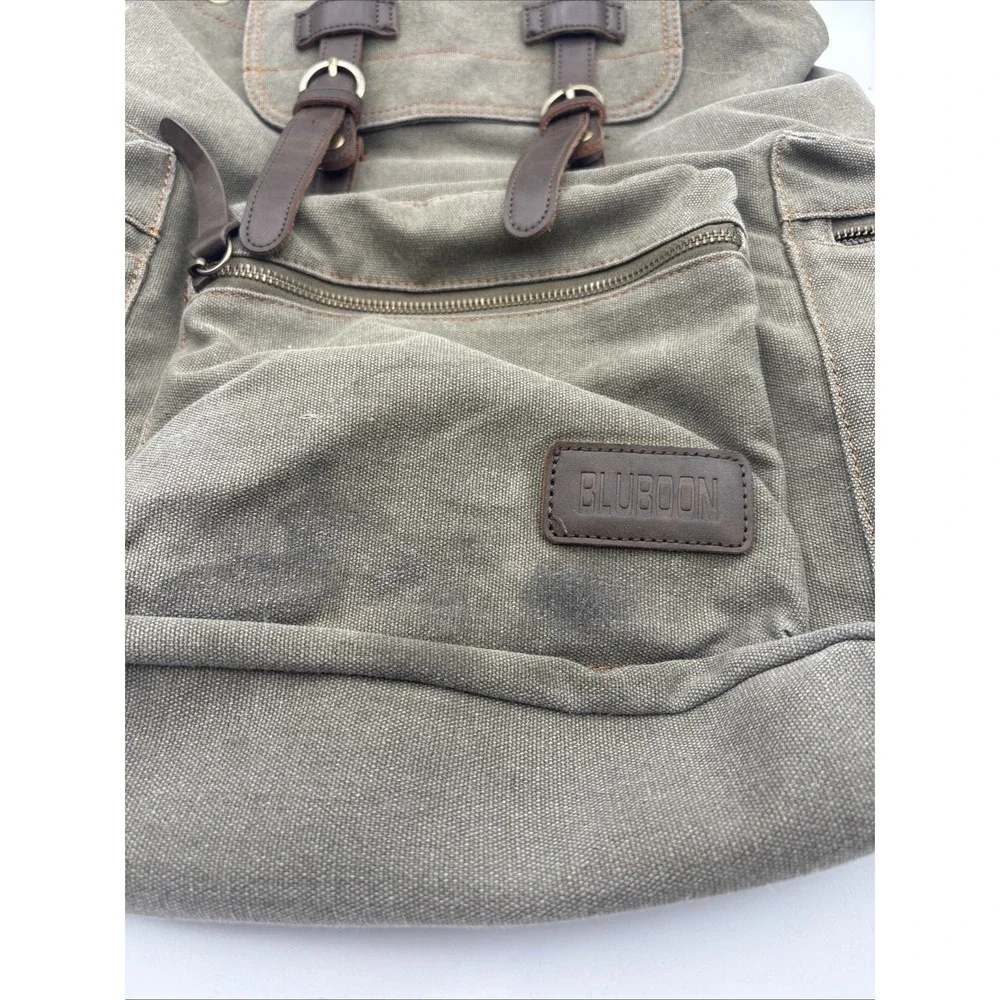 Bluboon VTG Canvas & Leather Army Green Rucksack Backpack Men's Bookbag Medium